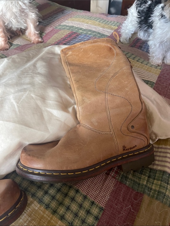 Dr. Martens Shoes - Dr. Martens Tan Leather Knee-High Work Boot with Yellow Stitching